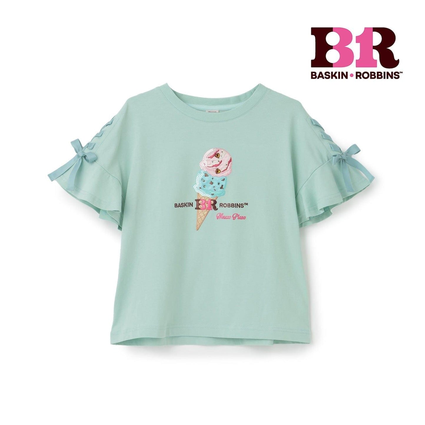 サーティワン アイスクリーム → 品牌名，保持原樣 非 IP 商品 → 全部按服飾規則轉成中文描述 最終商品名如下： 接觸冷感袖部繫帶蕾絲拼接T恤（サーティワン アイスクリーム）