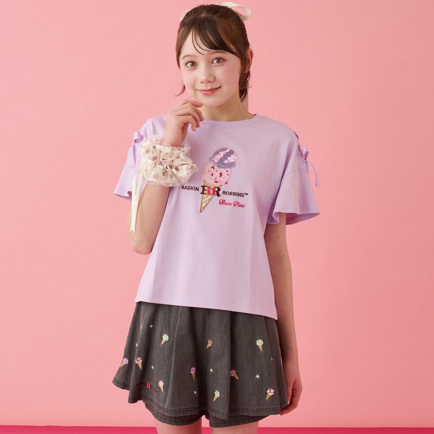 サーティワン アイスクリーム → 品牌名，保持原樣 非 IP 商品 → 全部按服飾規則轉成中文描述 最終商品名如下： 接觸冷感袖部繫帶蕾絲拼接T恤（サーティワン アイスクリーム）