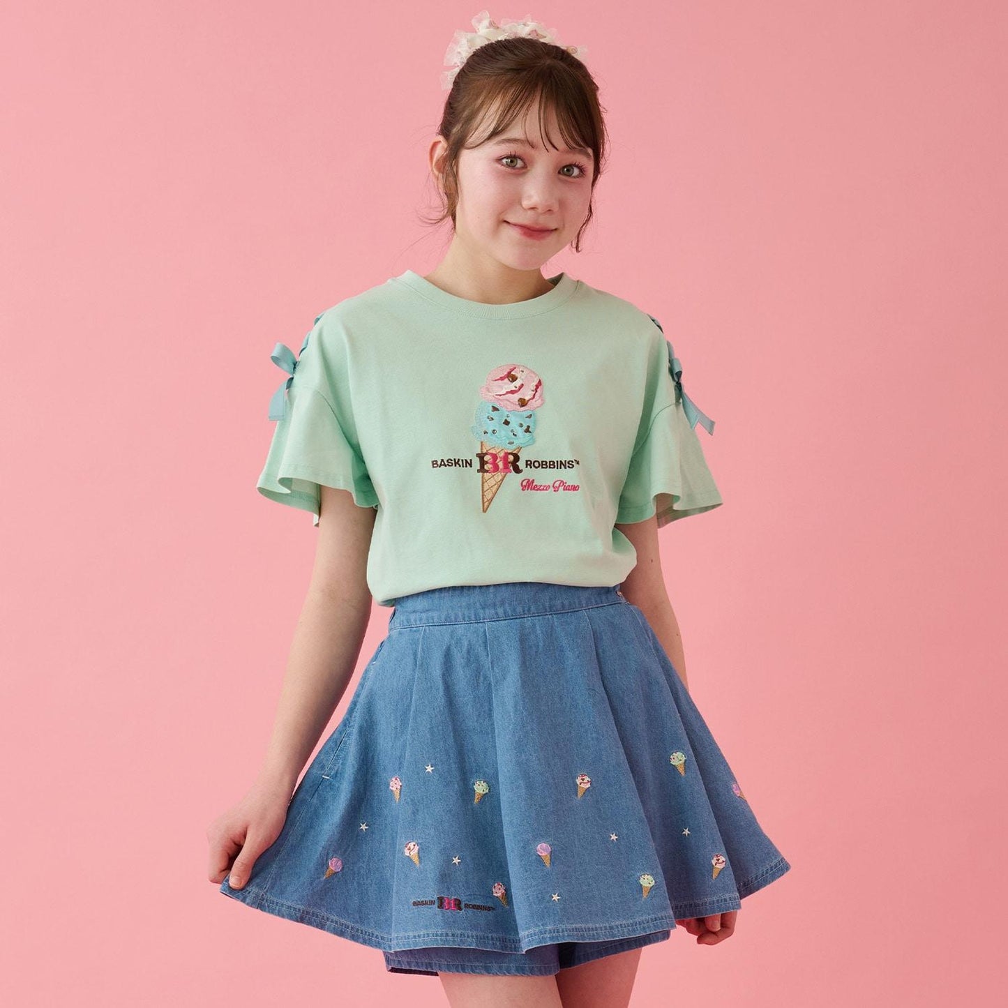 サーティワン アイスクリーム → 品牌名，保持原樣 非 IP 商品 → 全部按服飾規則轉成中文描述 最終商品名如下： 接觸冷感袖部繫帶蕾絲拼接T恤（サーティワン アイスクリーム）