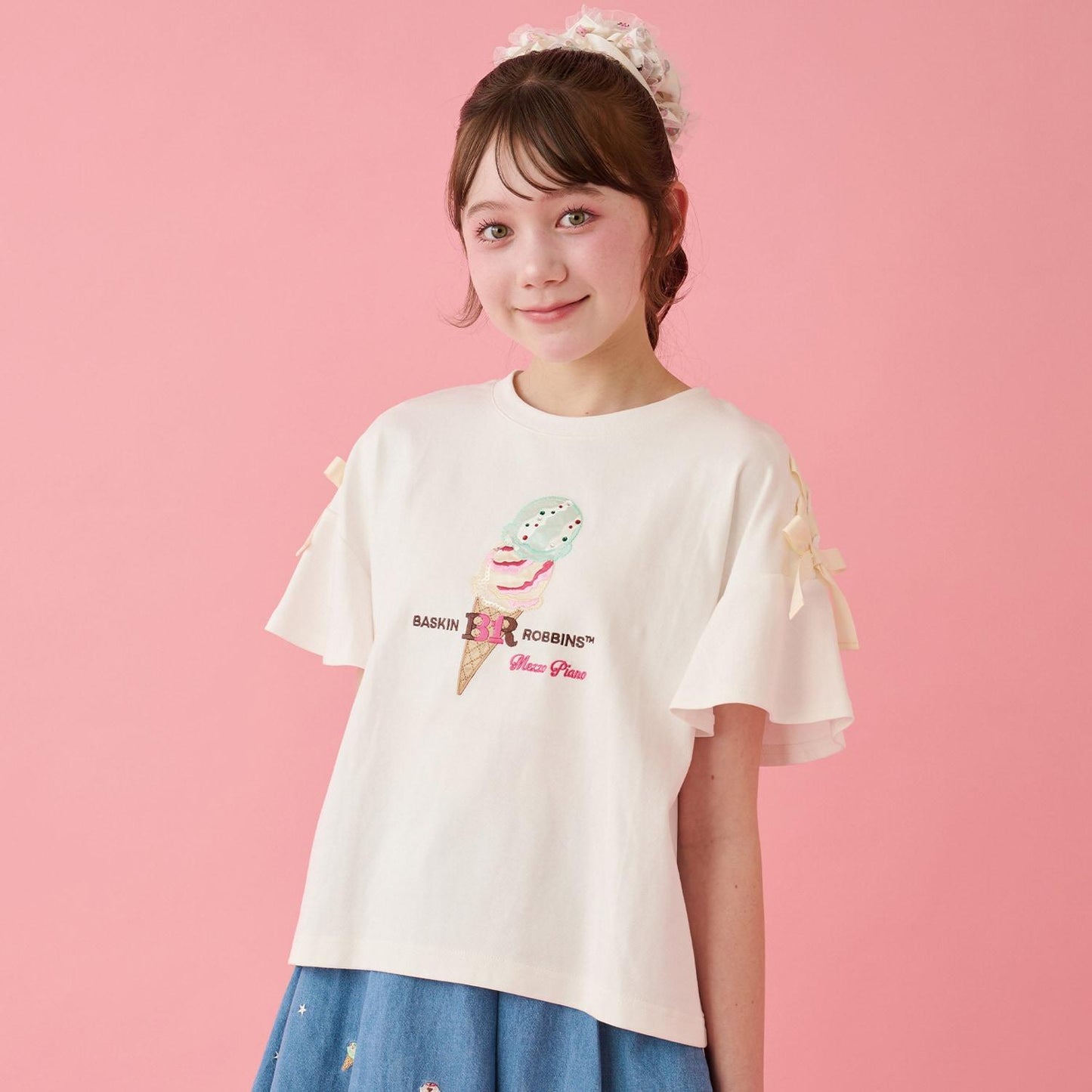 サーティワン アイスクリーム → 品牌名，保持原樣 非 IP 商品 → 全部按服飾規則轉成中文描述 最終商品名如下： 接觸冷感袖部繫帶蕾絲拼接T恤（サーティワン アイスクリーム）