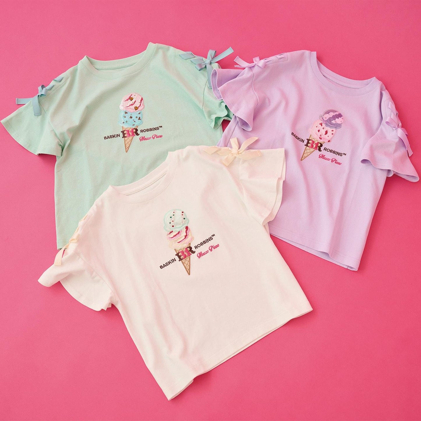 サーティワン アイスクリーム → 品牌名，保持原樣 非 IP 商品 → 全部按服飾規則轉成中文描述 最終商品名如下： 接觸冷感袖部繫帶蕾絲拼接T恤（サーティワン アイスクリーム）