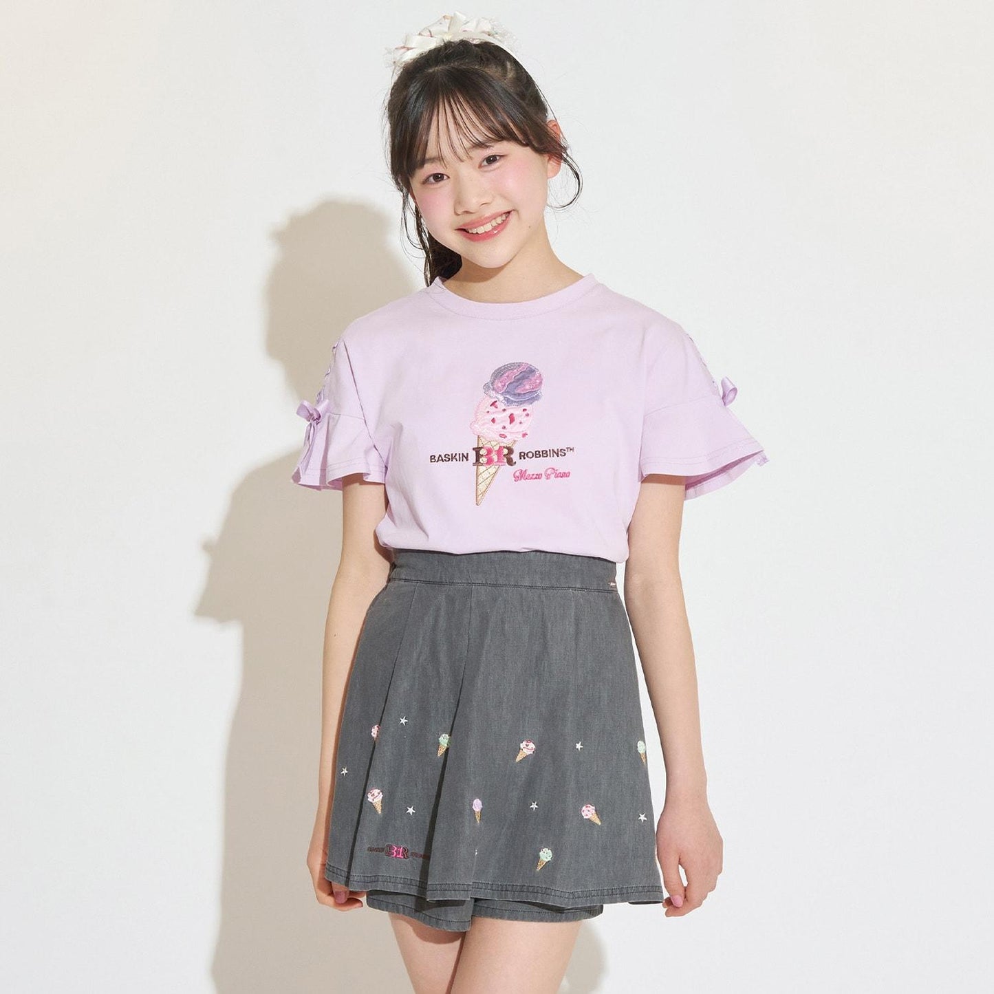 サーティワン アイスクリーム → 品牌名，保持原樣 非 IP 商品 → 全部按服飾規則轉成中文描述 最終商品名如下： 接觸冷感袖部繫帶蕾絲拼接T恤（サーティワン アイスクリーム）