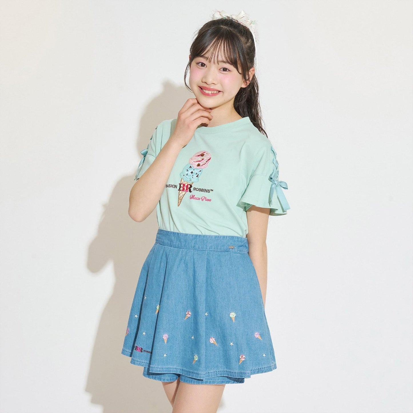 サーティワン アイスクリーム → 品牌名，保持原樣 非 IP 商品 → 全部按服飾規則轉成中文描述 最終商品名如下： 接觸冷感袖部繫帶蕾絲拼接T恤（サーティワン アイスクリーム）