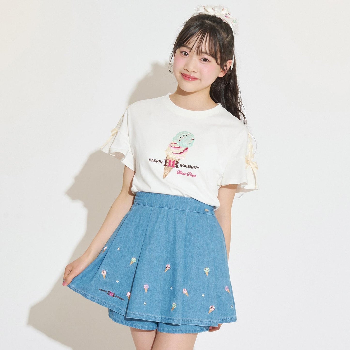 サーティワン アイスクリーム → 品牌名，保持原樣 非 IP 商品 → 全部按服飾規則轉成中文描述 最終商品名如下： 接觸冷感袖部繫帶蕾絲拼接T恤（サーティワン アイスクリーム）
