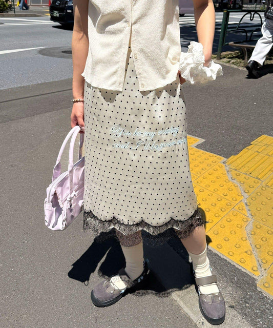圓點緞面刺繡 直筒 半身裙