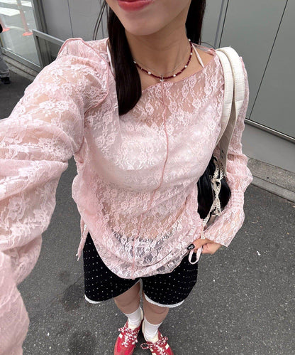 糖果袖 抽褶蕾絲 上衣