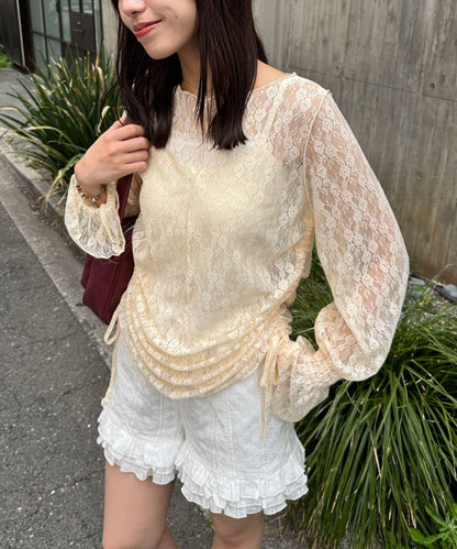 糖果袖 抽褶蕾絲 上衣