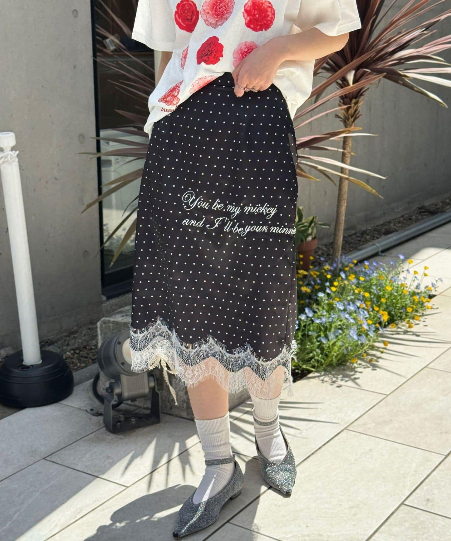 圓點緞面刺繡 直筒 半身裙