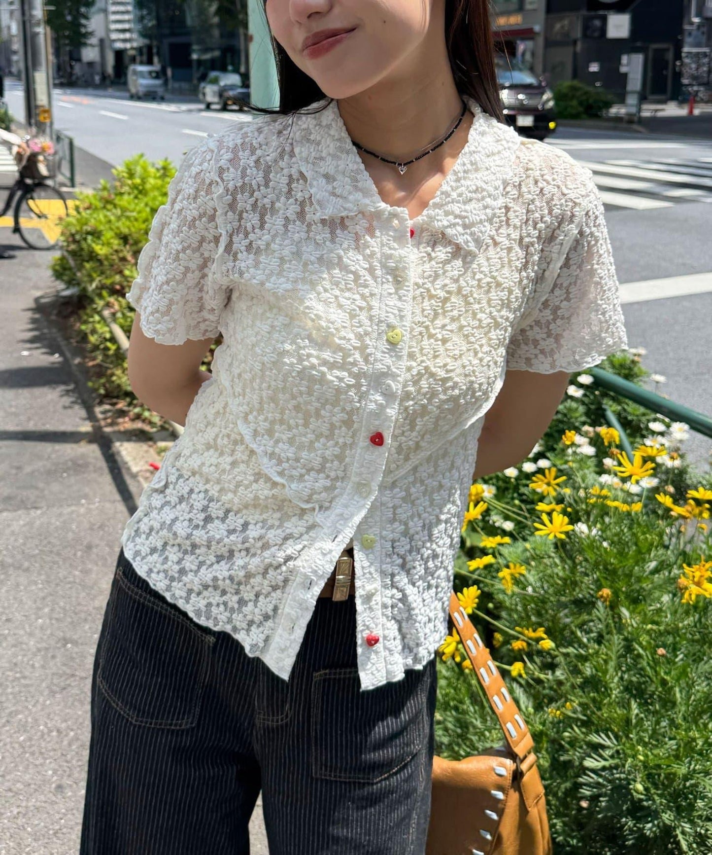 心形紐扣 蕾絲拼接 Polo衫