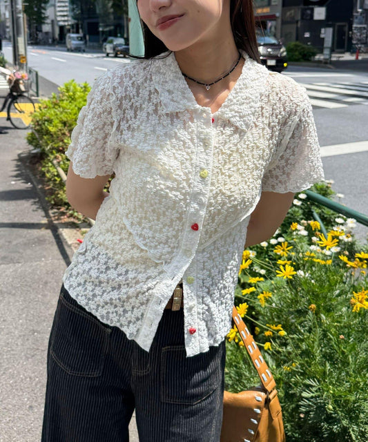 心形紐扣 蕾絲拼接 Polo衫