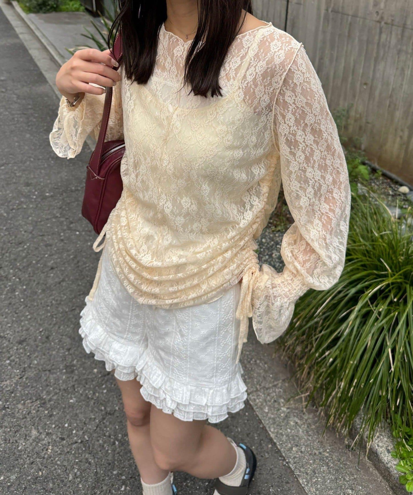 糖果袖 抽褶蕾絲 上衣