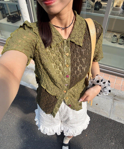 心形紐扣 蕾絲拼接 Polo衫