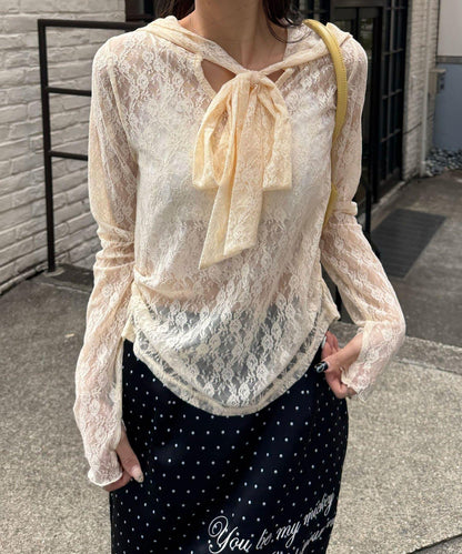 大蝴蝶結蕾絲連帽上衣