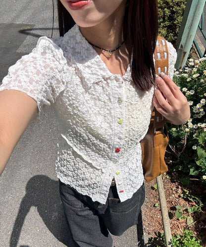 心形紐扣 蕾絲拼接 Polo衫