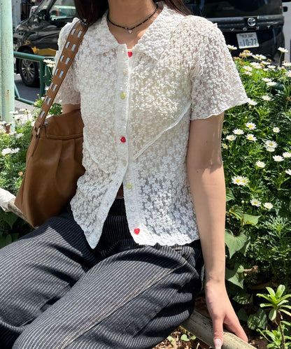 心形紐扣 蕾絲拼接 Polo衫