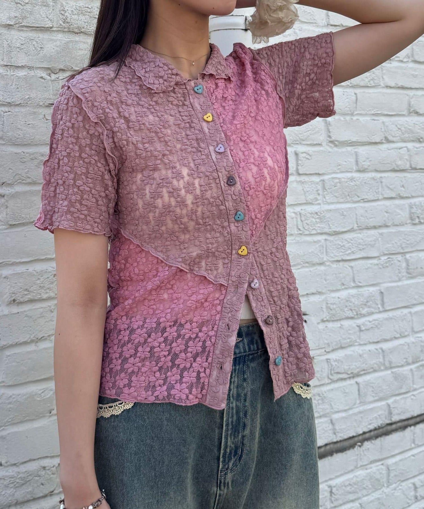 心形紐扣 蕾絲拼接 Polo衫