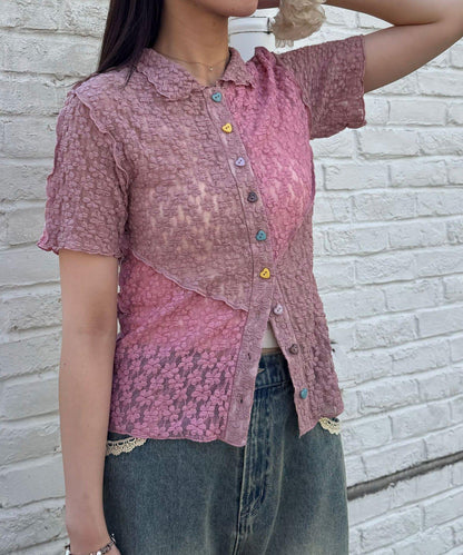 心形紐扣 蕾絲拼接 Polo衫