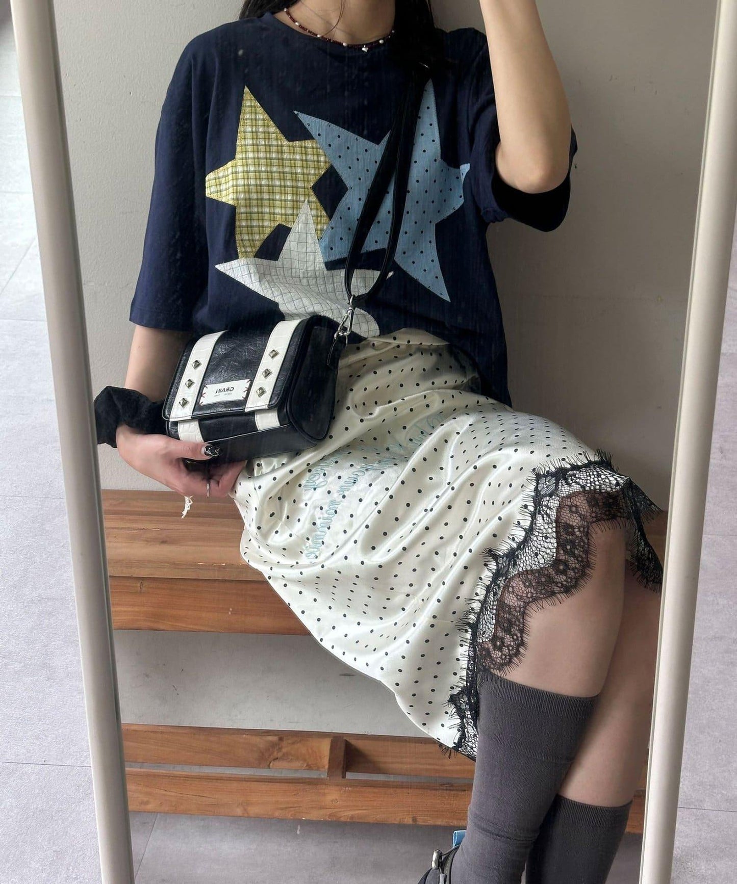 圓點緞面刺繡 直筒 半身裙