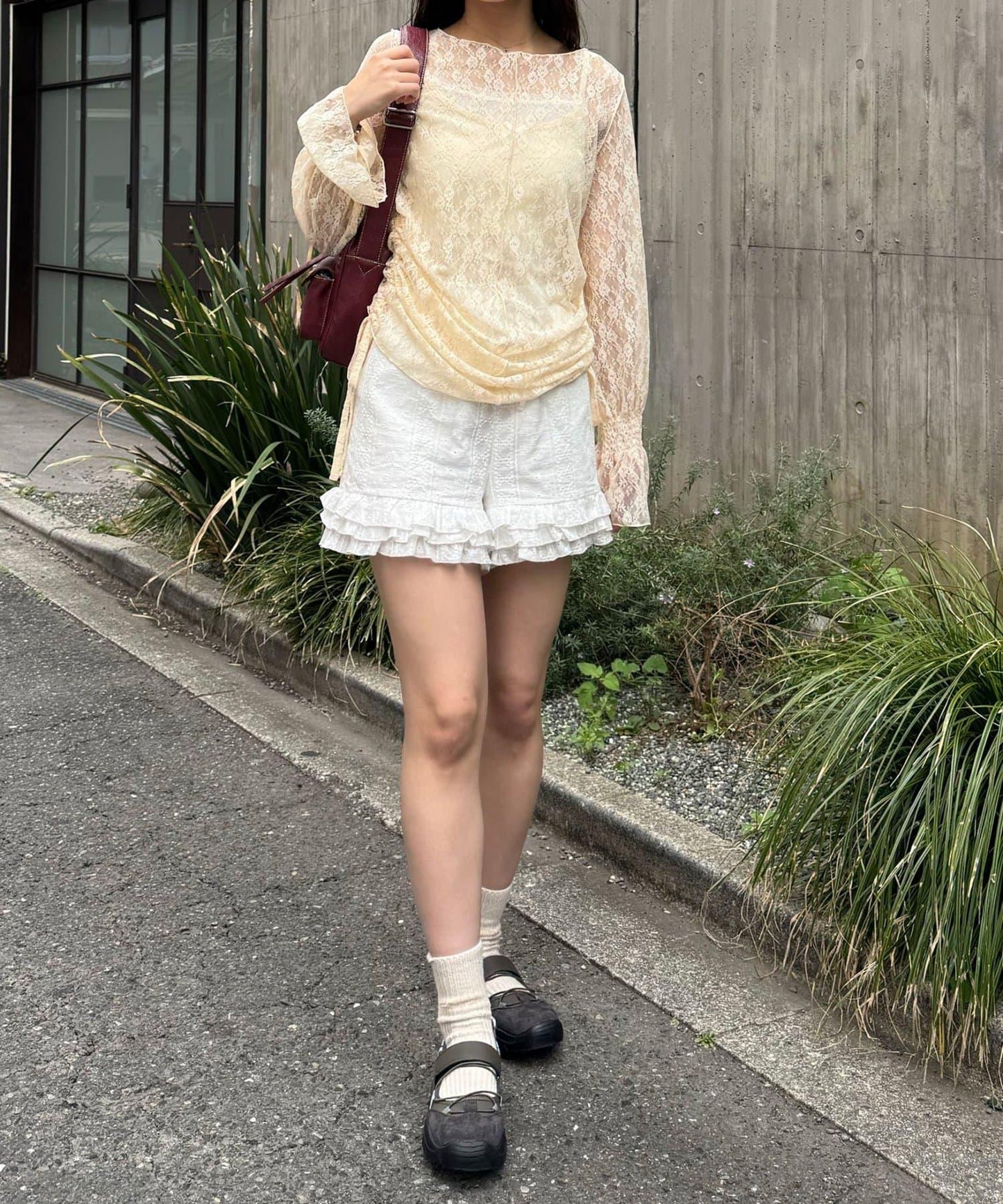 糖果袖 抽褶蕾絲 上衣
