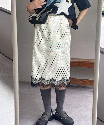 圓點緞面刺繡 直筒 半身裙