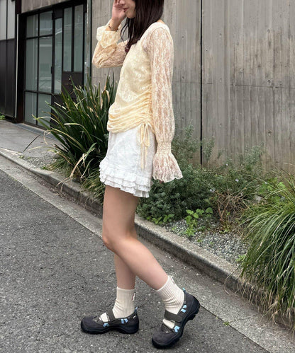 糖果袖 抽褶蕾絲 上衣