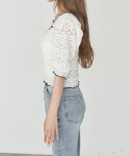 純色蕾絲 抽褶泡泡肩 T恤