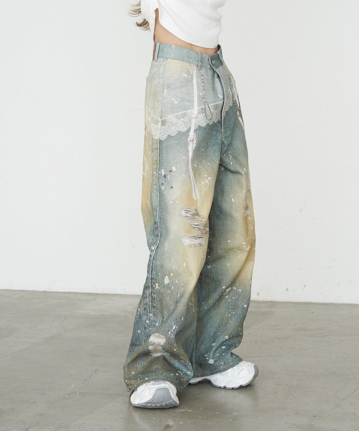 RAY CASSIN 蕾絲印花斜紋闊腿褲