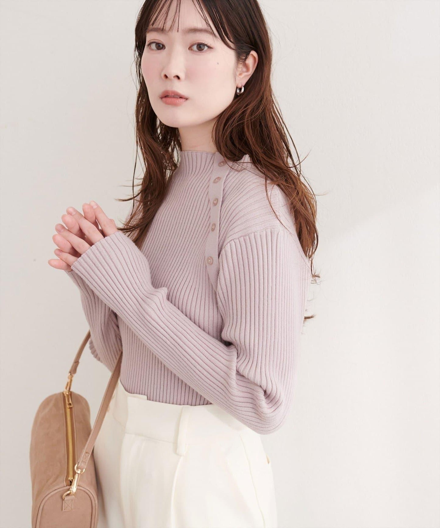 natural couture 斜扣設計 小高領 羅紋 針織上衣
