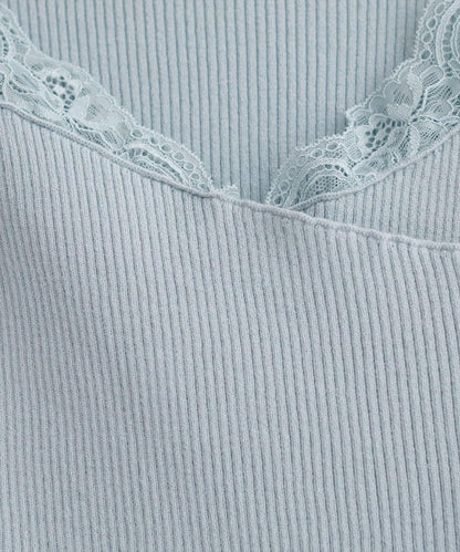 natural couture 不對稱蕾絲領羅紋針織套頭衫