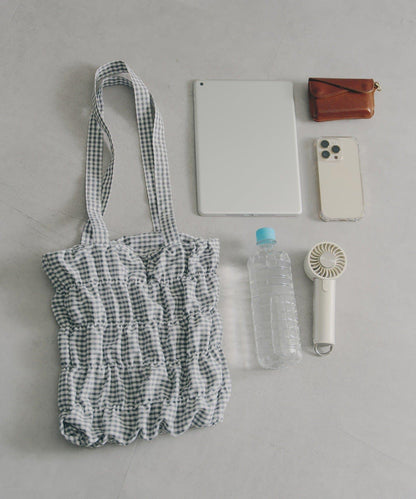 抽褶格紋托特包
