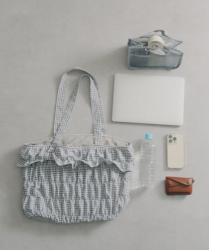 抽褶荷葉邊格紋托特包