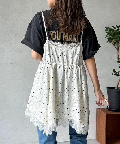 緞面蕾絲不對稱下襬吊帶長款上衣