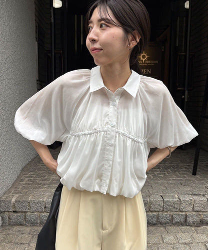 蓬鬆短款薄紗襯衫