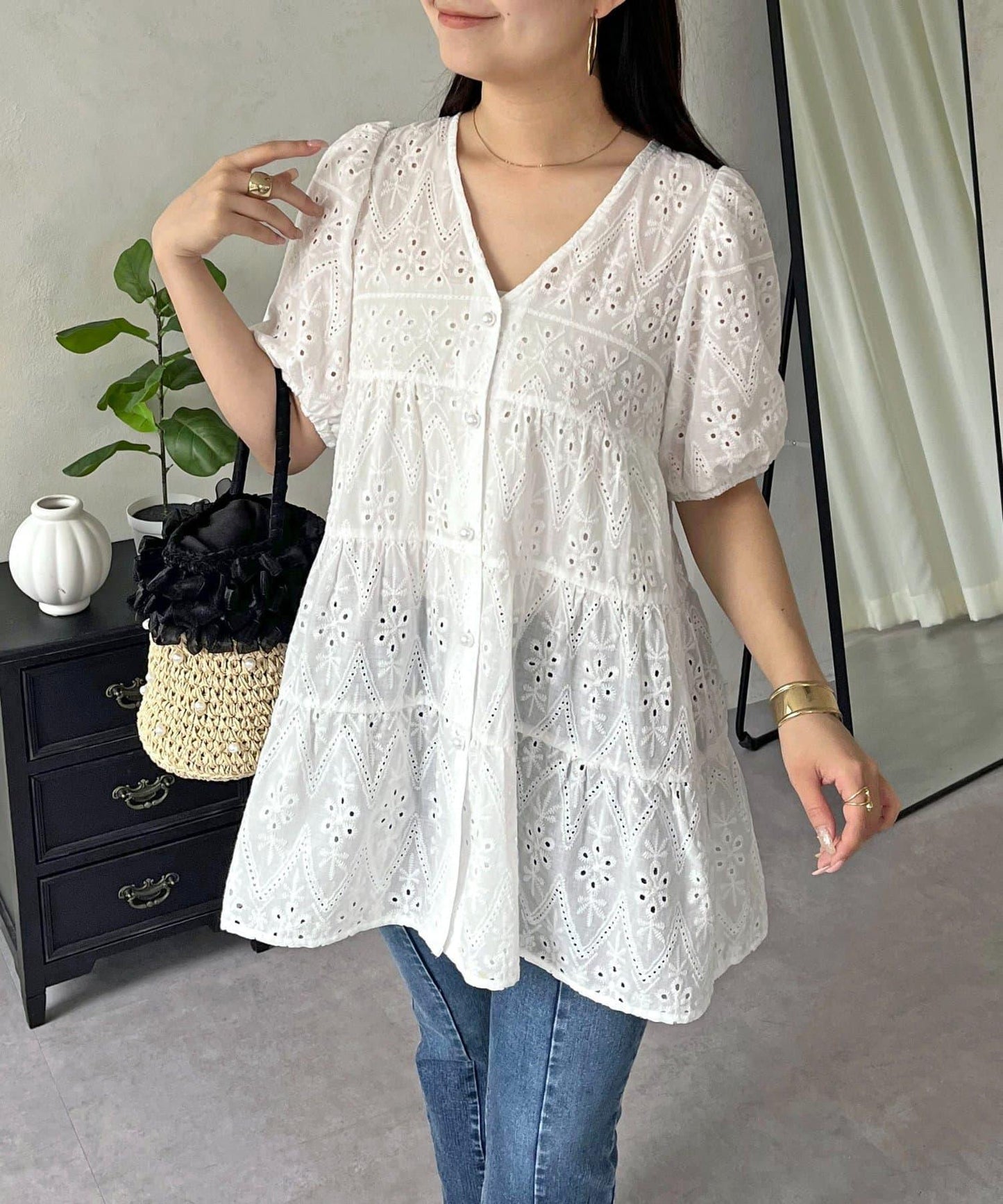 珍珠扣 蕾絲層疊 棉質 女襯衫