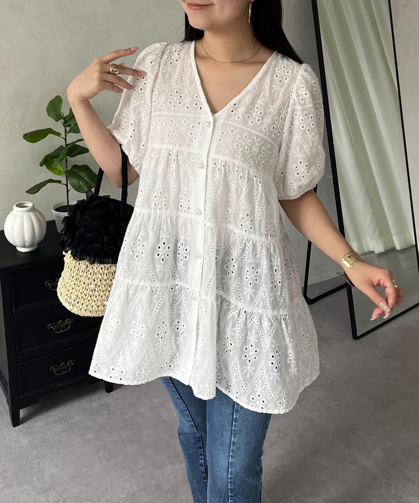珍珠扣 蕾絲層疊 棉質 女襯衫