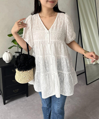 珍珠扣 蕾絲層疊 棉質 女襯衫