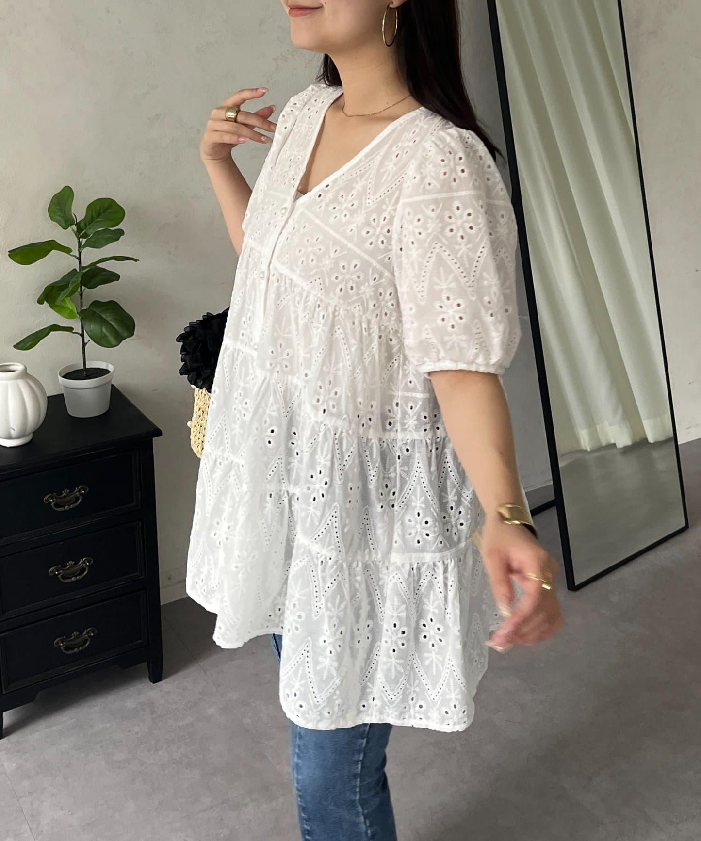 珍珠扣 蕾絲層疊 棉質 女襯衫