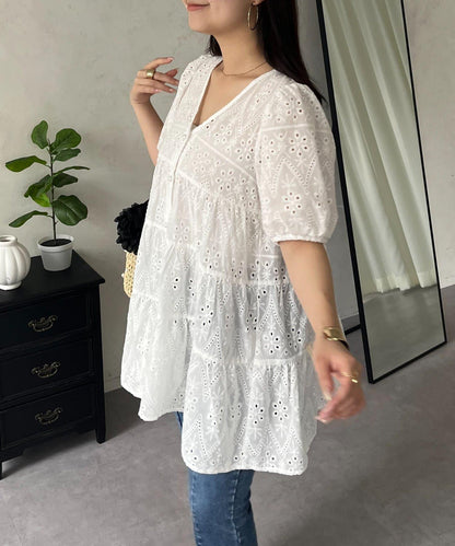 珍珠扣 蕾絲層疊 棉質 女襯衫