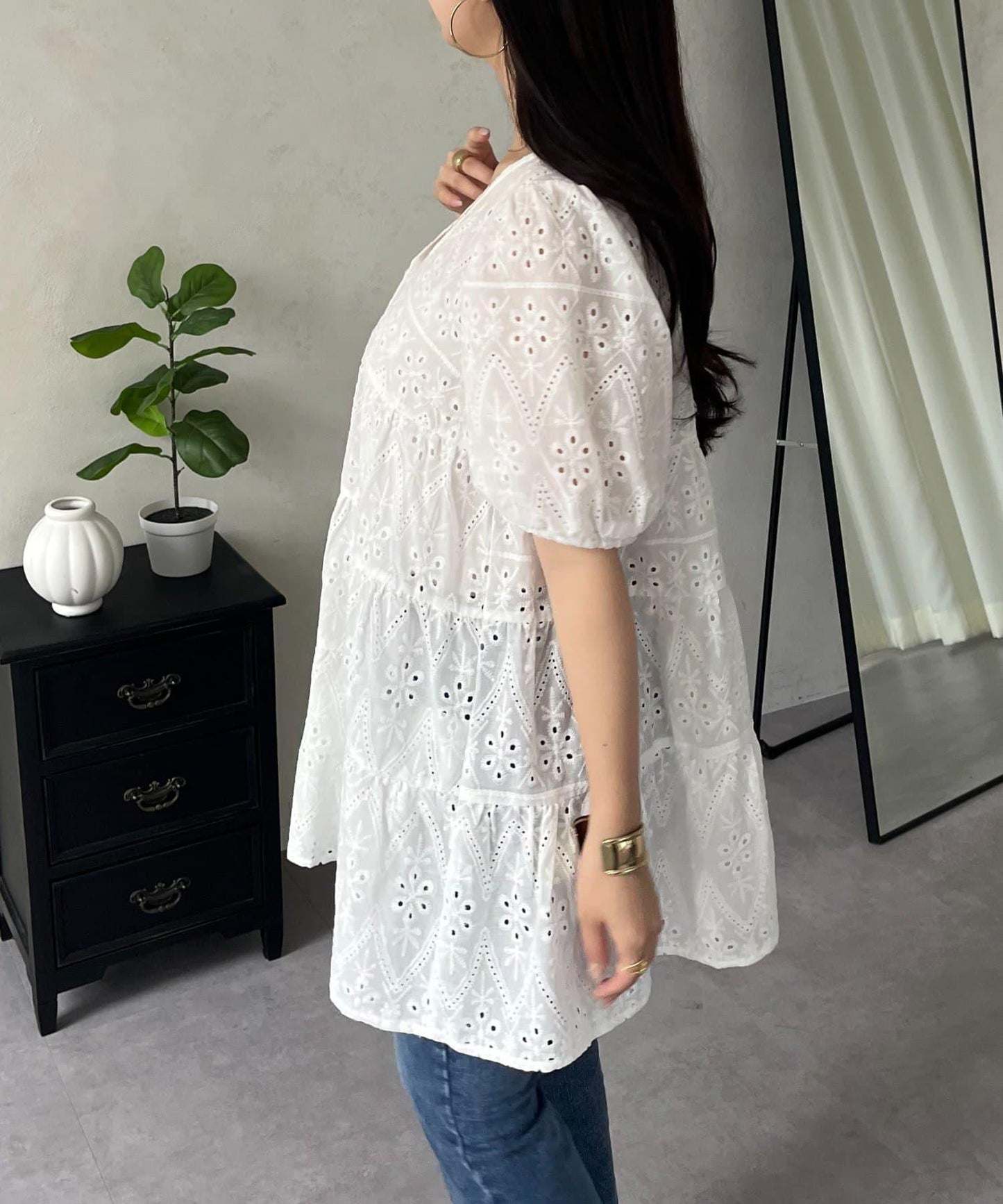 珍珠扣 蕾絲層疊 棉質 女襯衫