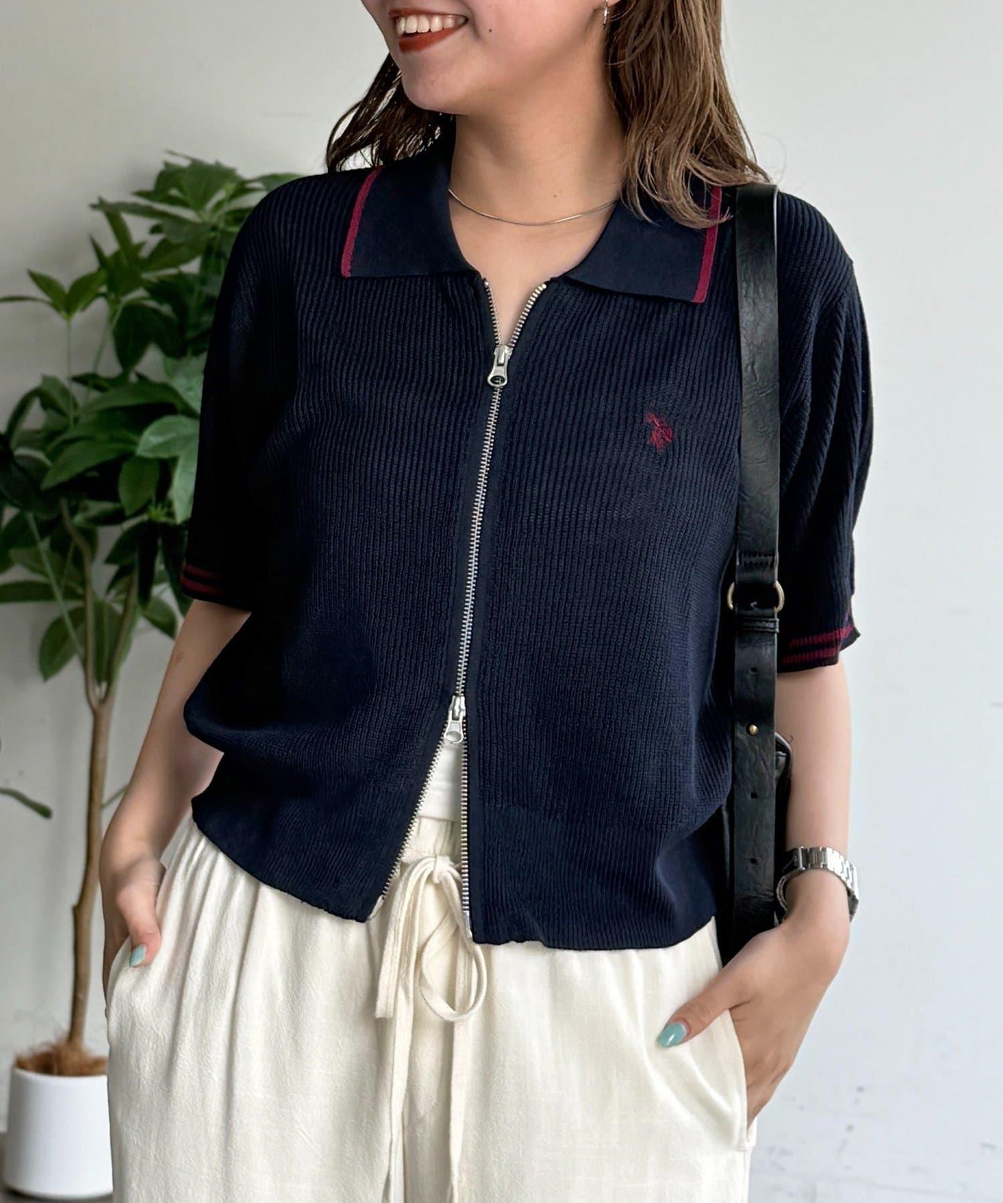 U.S. POLO ASSN. 翻領 短袖 拉鍊 針織開衫