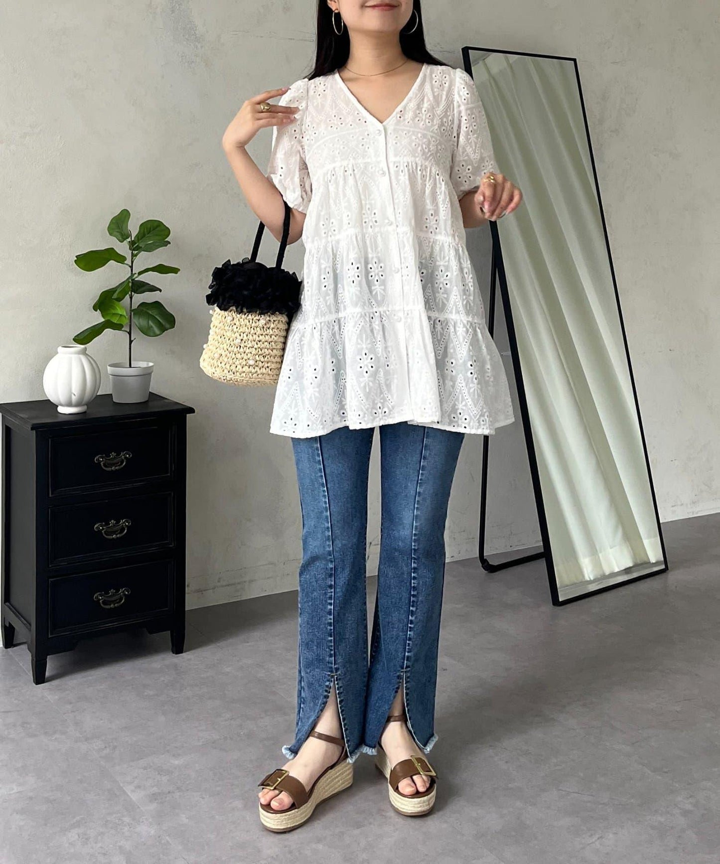 珍珠扣 蕾絲層疊 棉質 女襯衫