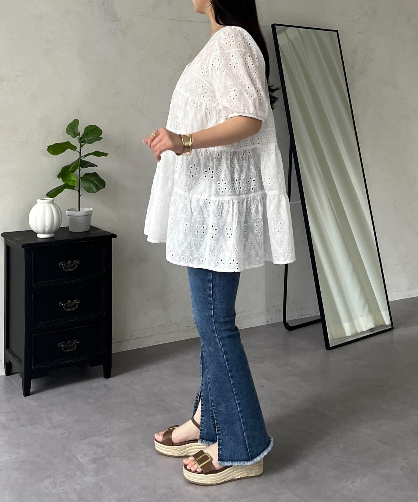 珍珠扣 蕾絲層疊 棉質 女襯衫