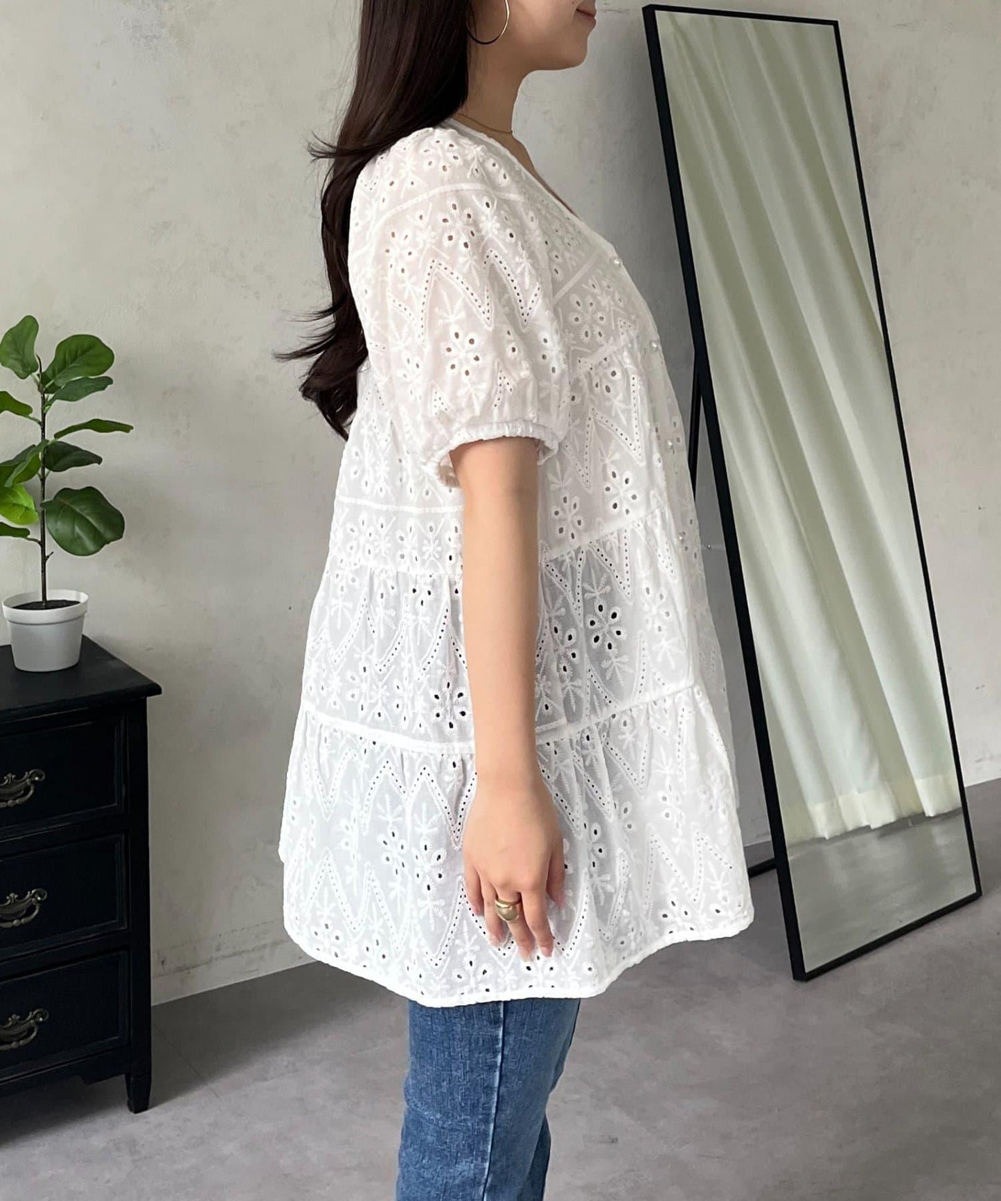 珍珠扣 蕾絲層疊 棉質 女襯衫