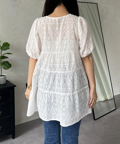 珍珠扣 蕾絲層疊 棉質 女襯衫