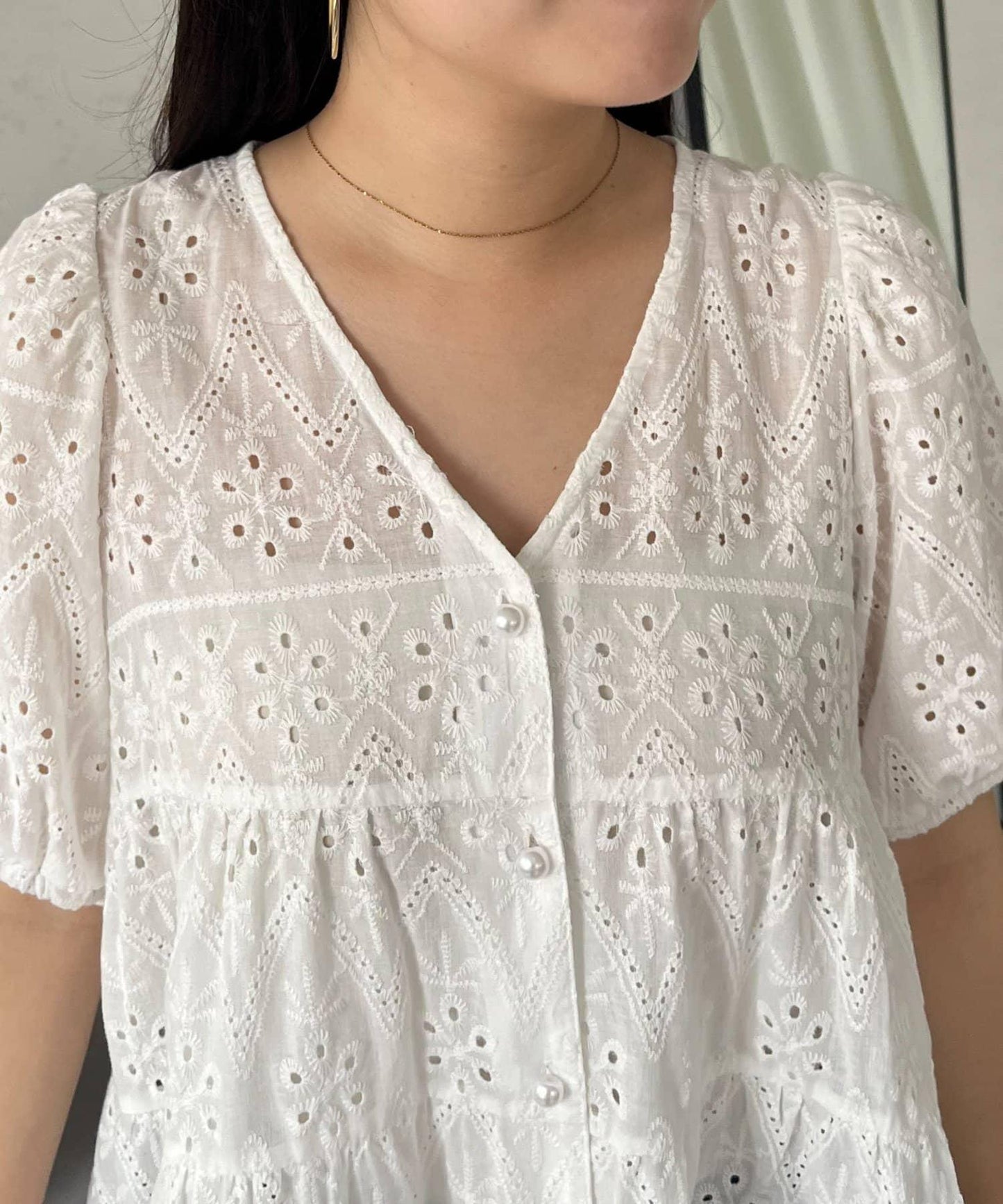 珍珠扣 蕾絲層疊 棉質 女襯衫