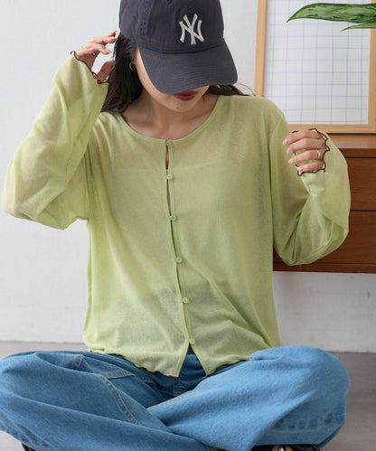透膚拼色羅紋生波邊針織開衫