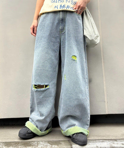 UNISEX 輕磅彩色卷邊破壞做舊牛仔褲