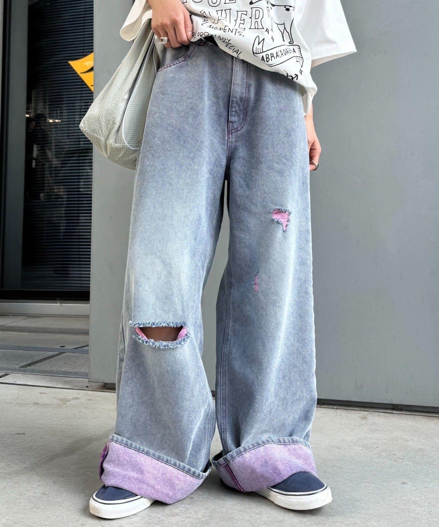UNISEX 輕磅彩色卷邊破壞做舊牛仔褲