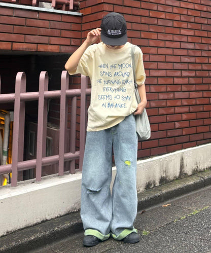 UNISEX 輕磅彩色卷邊破壞做舊牛仔褲