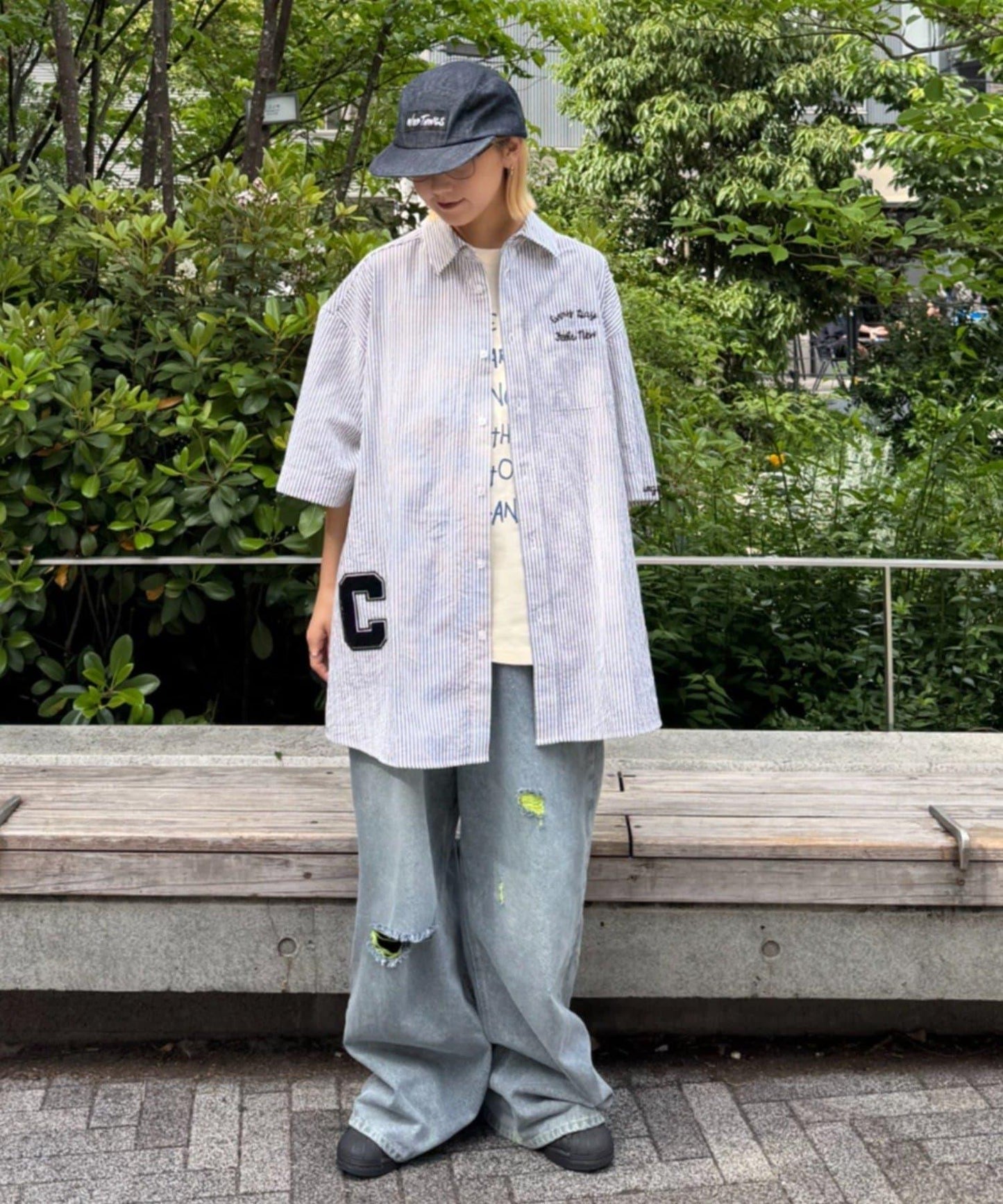 條紋刺繡 寬鬆 襯衫